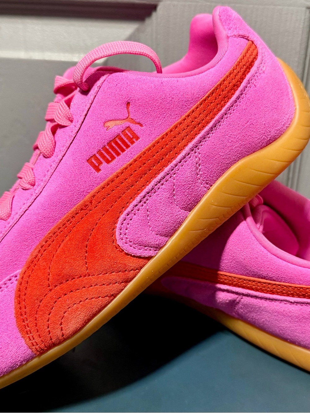 Puma Women's Pink Suede Sneakers with Orange Stripe